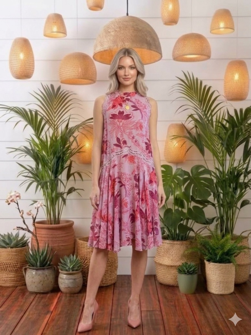 Free People Pink/Lilac Lace Trim Swing Dress